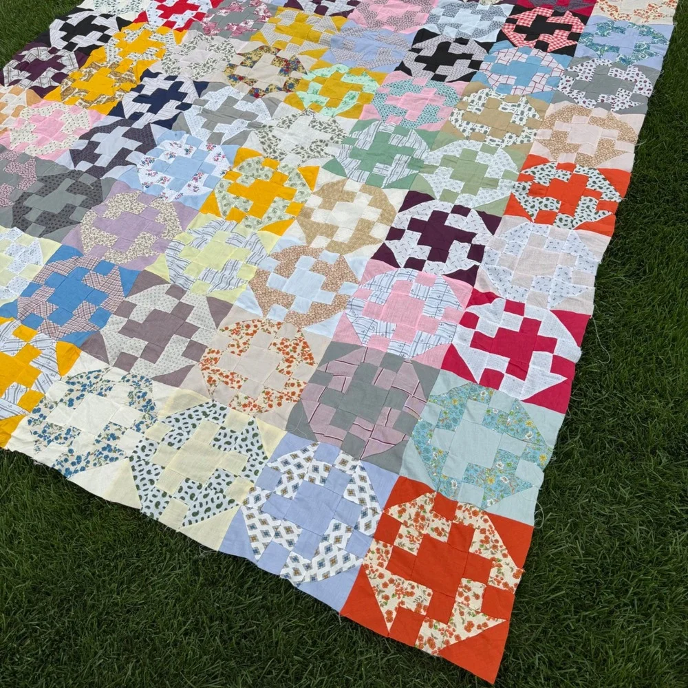 Rare Vintage Handmade Scrappy Patchwork Quilt Top Colorful Cotton Folk Art 92x82